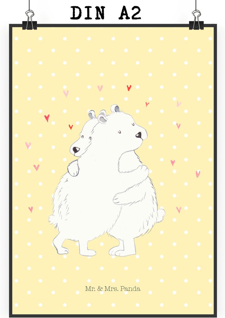 Mr. & Mrs. Panda Bild Eisbär Umarmen DIN A2 - Gelb Pastell - Geschenk, Kunstdruck, Wandschmuck, Lustige Sprüche, Wandbild, drucke, wanddeko
