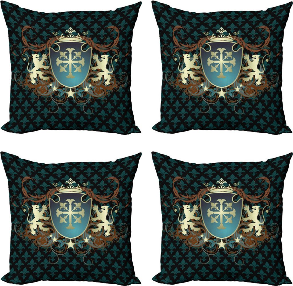 ABAKUHAUS Mittelalterlich Kissenbezug Set (4 Stück), Mittelalter Wappen, Moderner Doppelseitiger Digitaldruck, 50 cm x 50 cm, Teal Schwarz Zimt