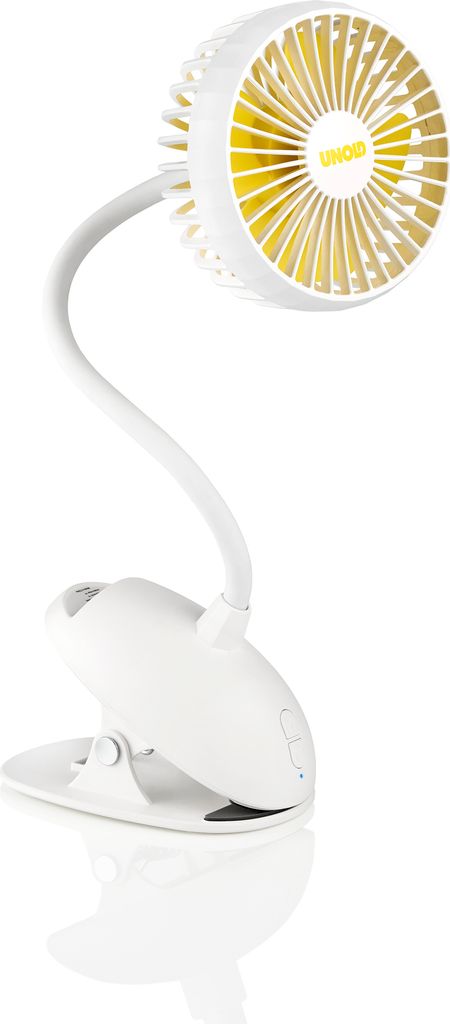 Der Unold TISCHVENTILATOR BREEZY CLIP ist ein kleiner weiß-gelber Clip-On-Ventilator mit flexiblem H