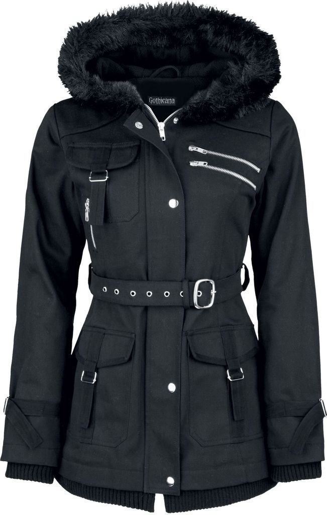 Gothicana by EMP Damen schwarze Winterjacke mit Taillengürtel 5XL