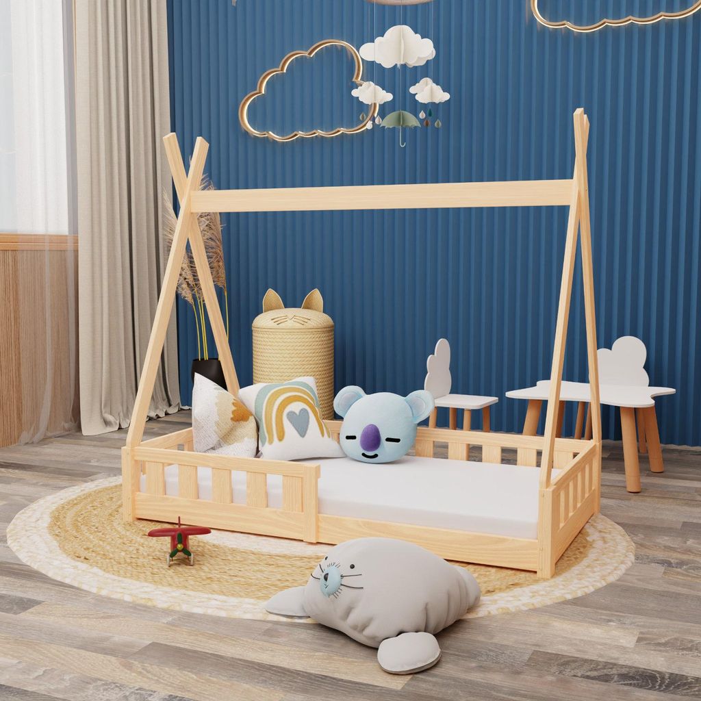Montessori Kinderbett 140x70cm natur Tipi Spielbett Zeltform Holz bodentief Rausfallschutz mit 100 Matratze
