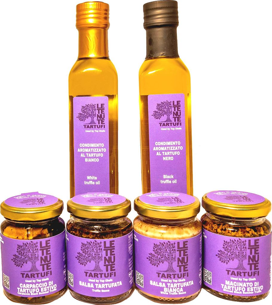 Le Tenute Tartufi - Trüffel Geschenkbox Black White - 2 aromatisierte Öle 250ml Carpaccio Gehackter Trüffel Trüffelsaucen