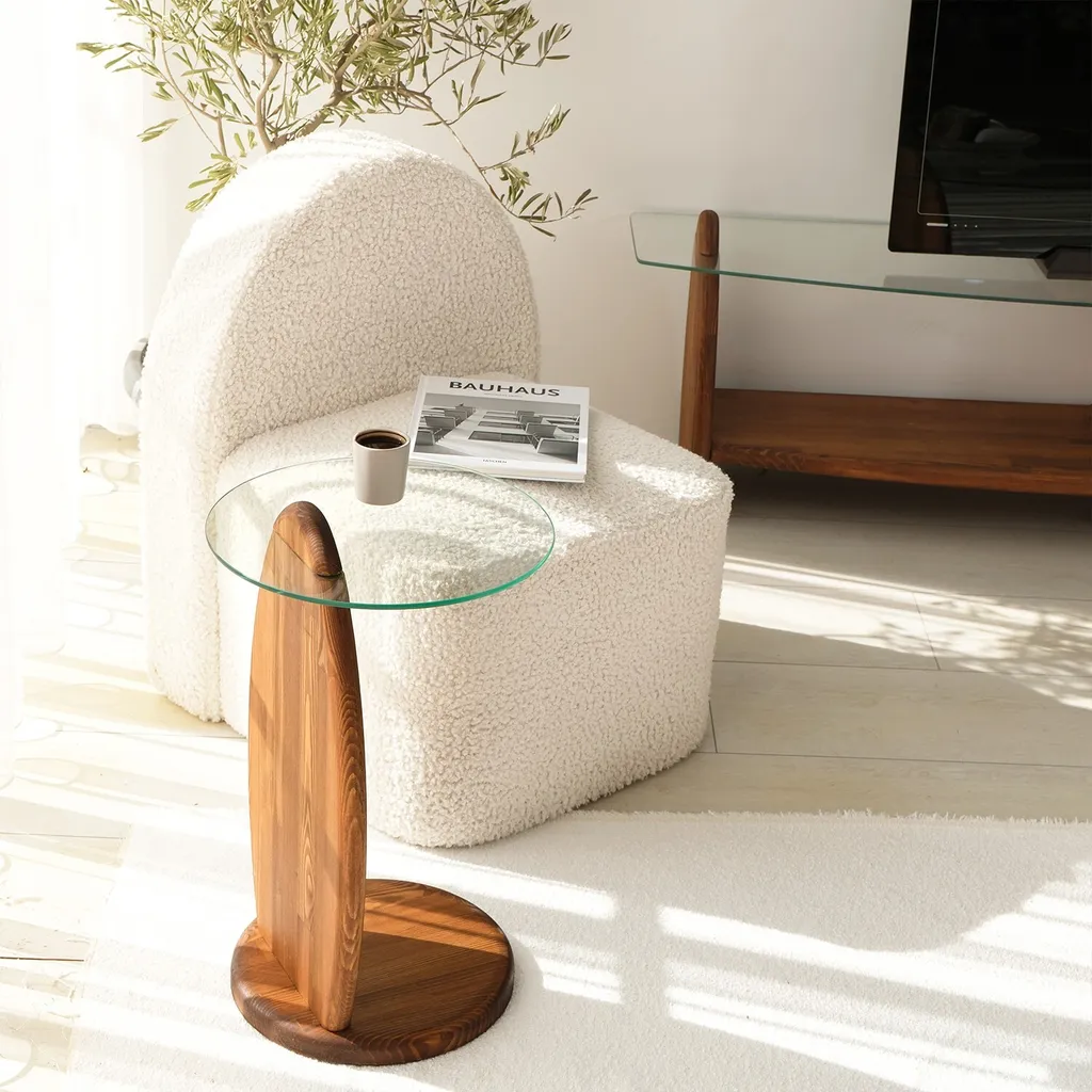 Table d'appoint stable en verre trempé anti-rayures décor Châtaigne