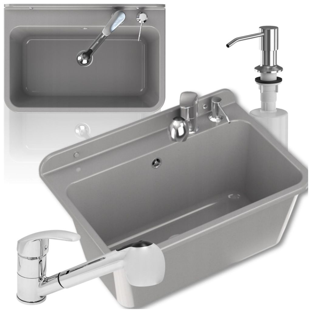 Granitan | Wirtschaftsspüle - LARGE - mit Armatur - mit Siphon - Grau - 61 x 41 cm - für Waschküche und Garage