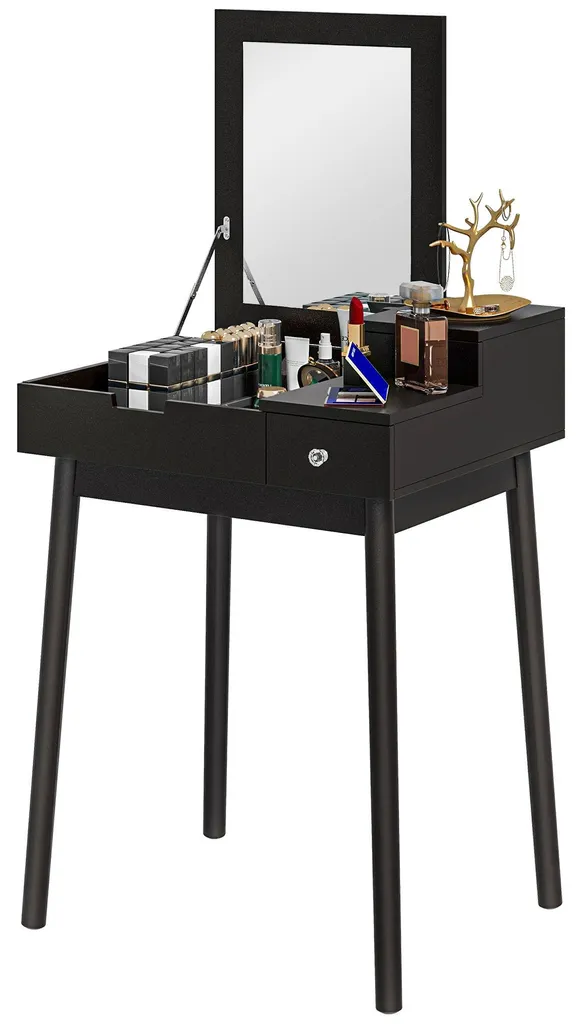 Coiffeuse noire 2 tiroirs miroir pliable table maquillage 60x50x85,5cm