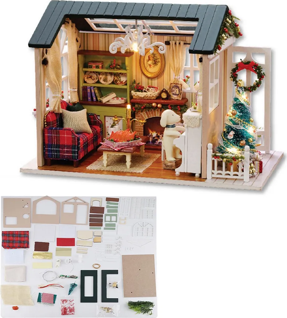 Maquette maison de poupée DIY en bois avec kit de meubles et LED 20cm