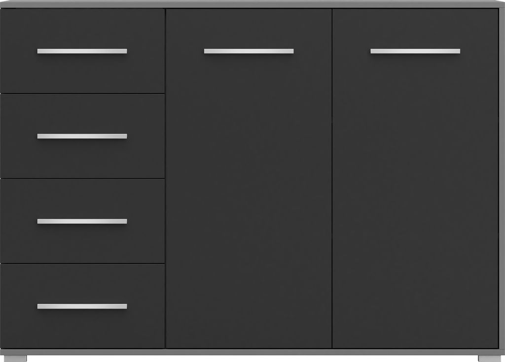 A dark gray sideboard with two doors on the right and four drawers on the left, set against a light gray and white background.