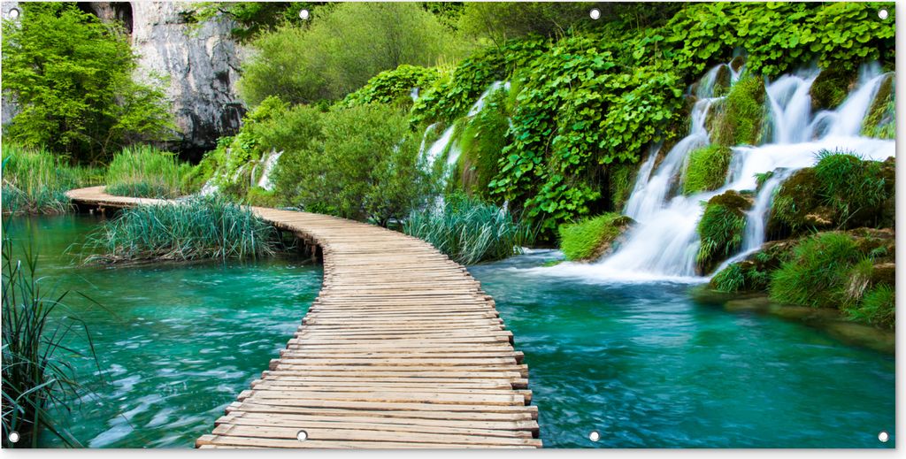MuchoWow 160x80 cm Outdoor-Poster Gartendeko Sichtschutz Garten Poster für den Garten Brücke - Wasser - Pflanzen - Wasserfall - Grün