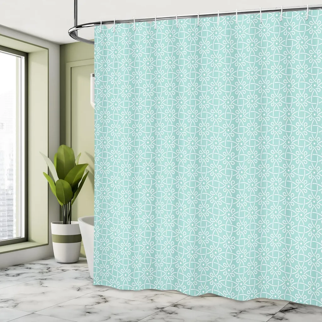 Tenda Da Doccia Floreale Con Foglie Di Eucalipto – 170x170 Cm, Tessuto Poliestere Impermeabile, Con Ganci, Colore Verde Acqua