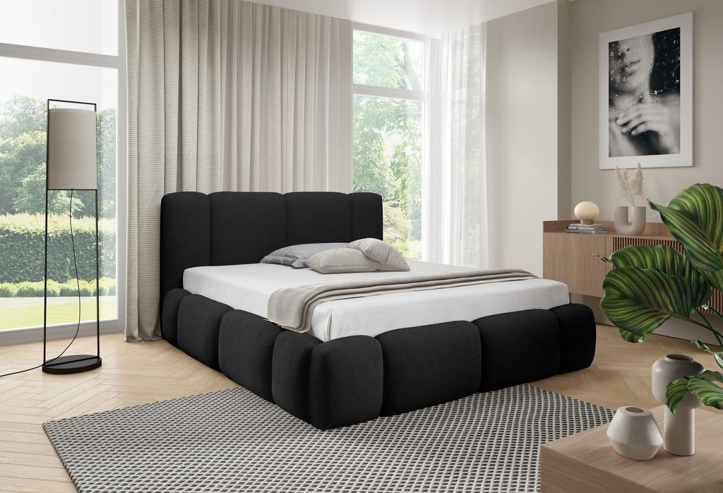 Polsterbett BIANNO mit Bettkasten| Bett 160x200| Doppelbett mit Stauraum und Lattenrost| Boxspringbett-Optik |ohne Matratze| Schlafzimmer- Schwarz