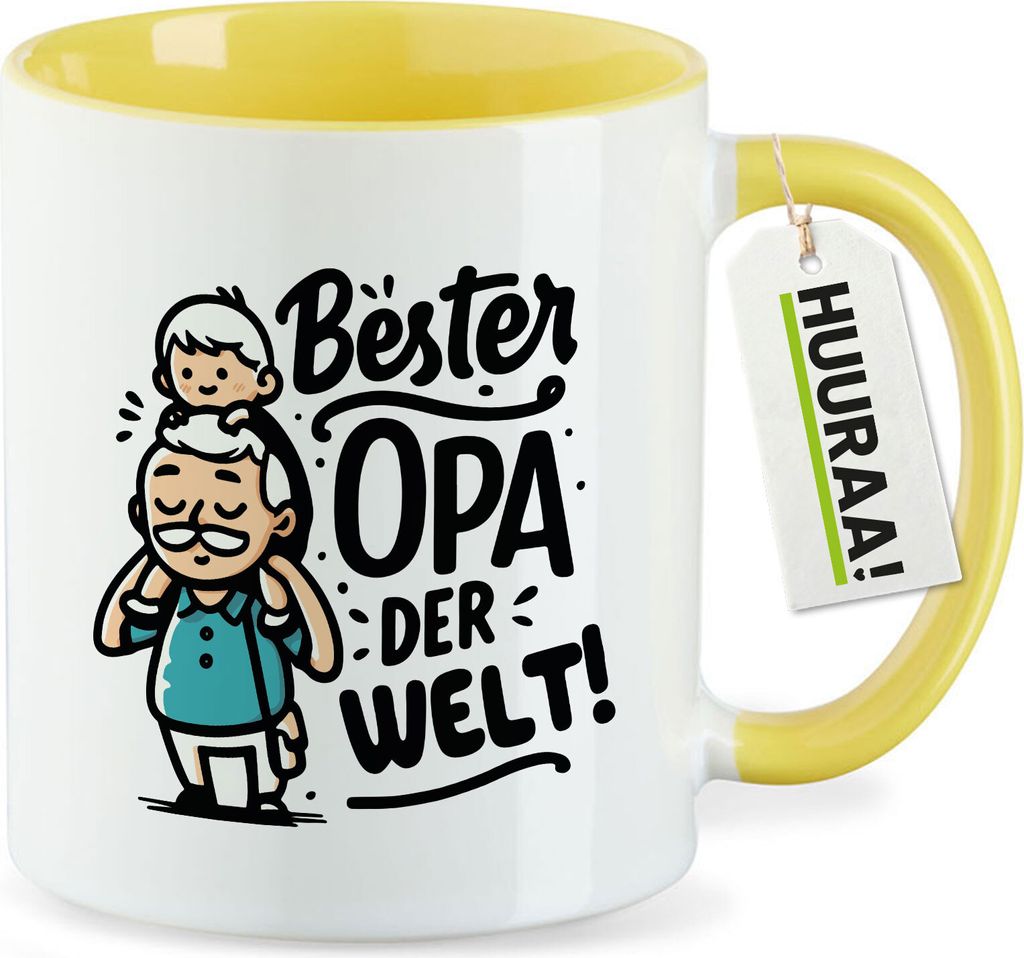 Huuraa Kaffeetasse Bester Opa der Welt 330ml Gelb Keramik Kaffeebecher Geschenkidee