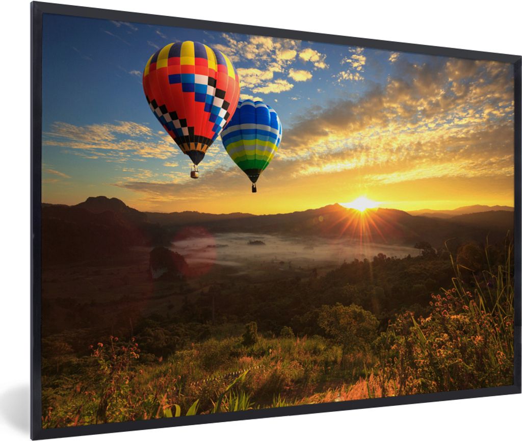 MuchoWow MuchoWow Gerahmtes Poster Heißluftballon - Sonne - Wolken 60x40 cm - Poster mit zchwarzem Bilderrahmen - Printing - Wanddeko Schlafzi...