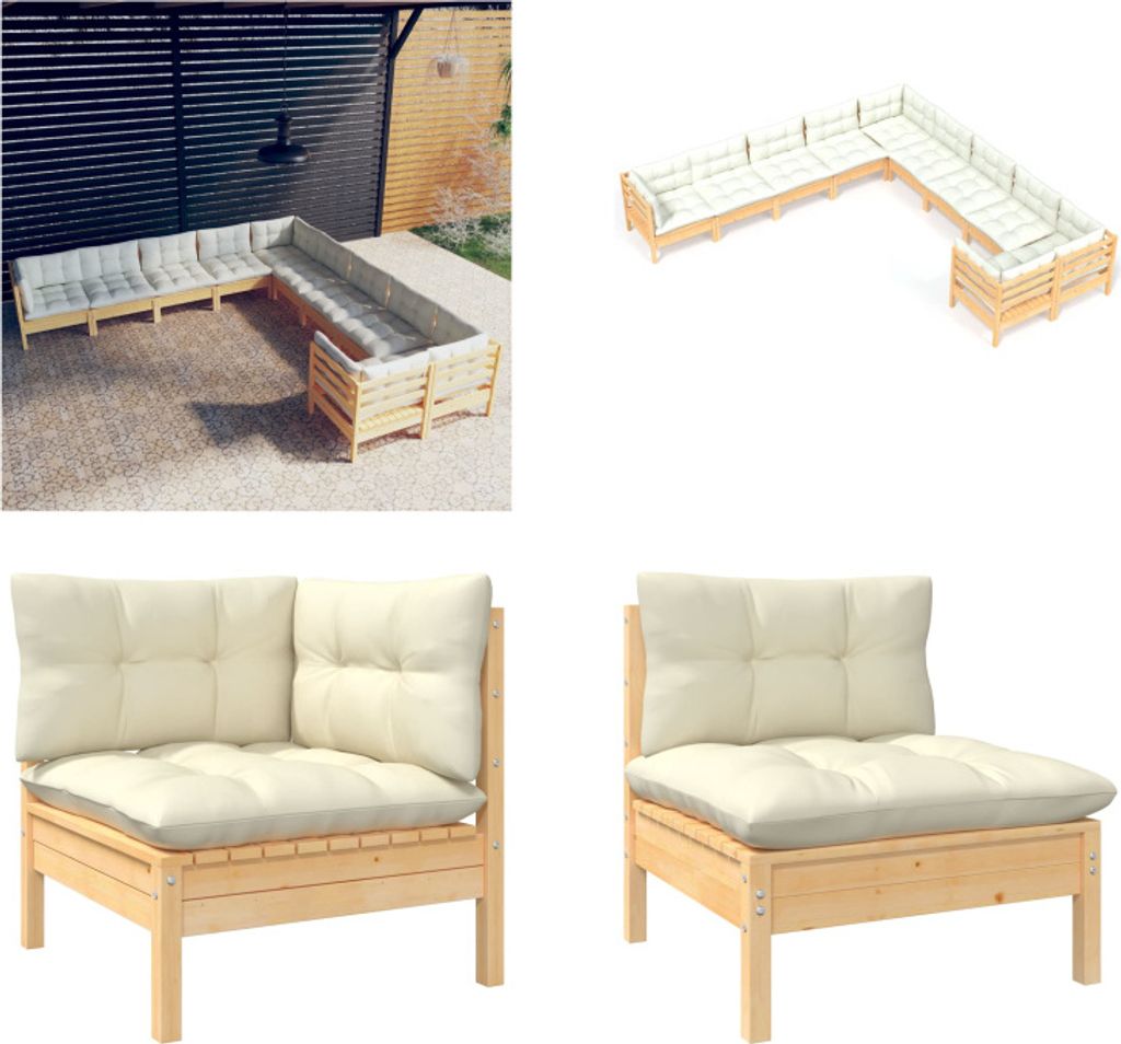 vidaXL 10 tlg. Garten Lounge Set mit Creme Kissen Kiefernholz - Garten-Lounge-Set - Garten-Lounge-Sets - Gartenmöbel-Set - Gartenmöbel-Sets