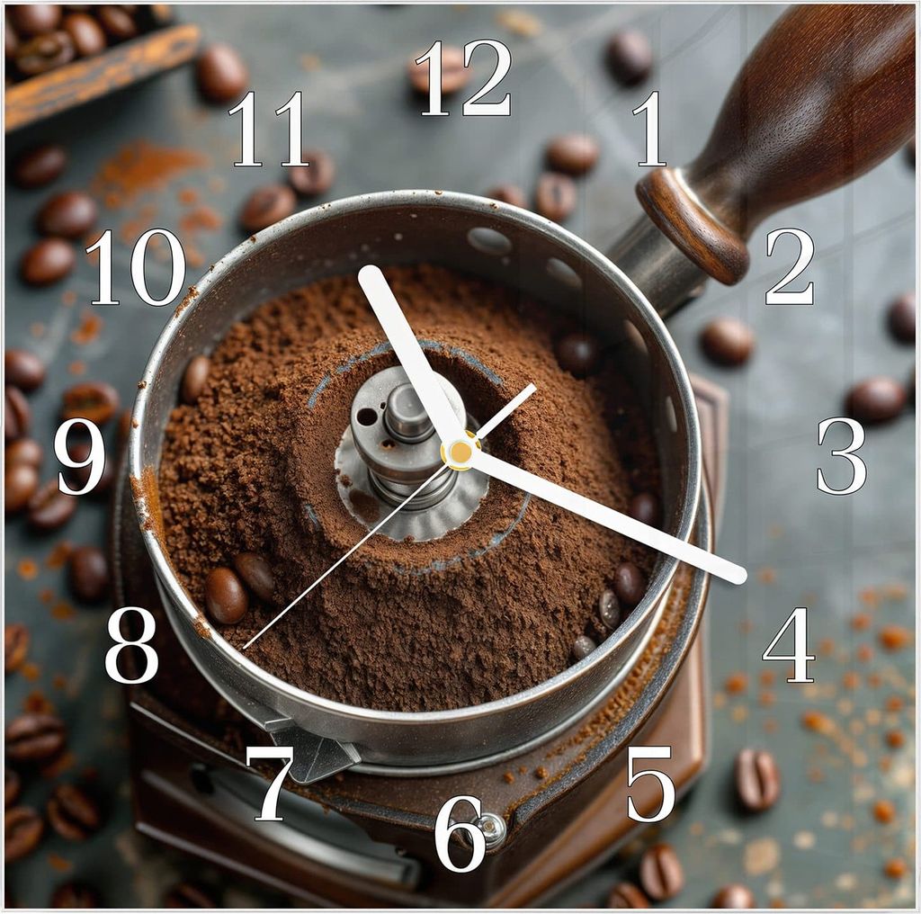 Wanduhr aus Glas mit Motiv Kaffeemühle- 30 x 30 cm - inkl. Aufhängesystem