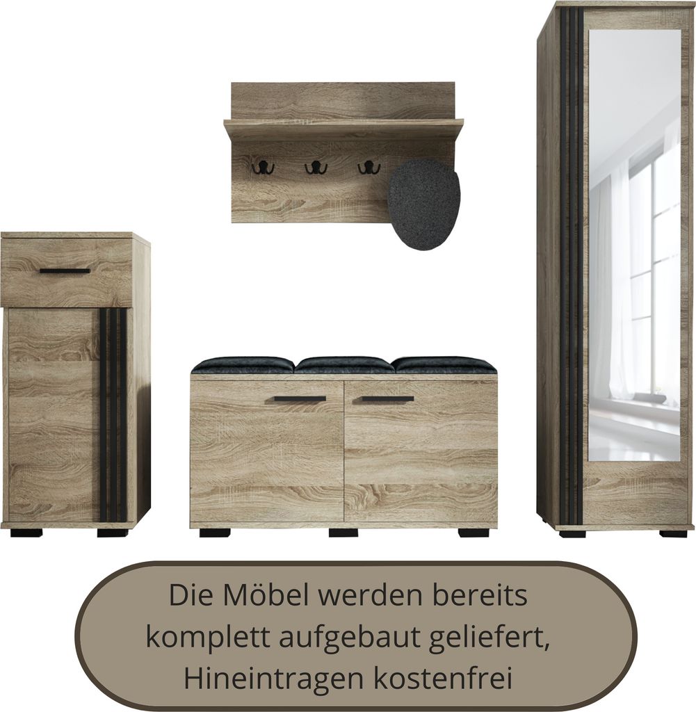 Garderobenset PIK Wandgarderobe Flurmöbel, Kleiderschrank, 4 Kleiderhaken, Schuhschrank, Schrank, fertig aufgebaut, Farbe: Trüffel Eiche
