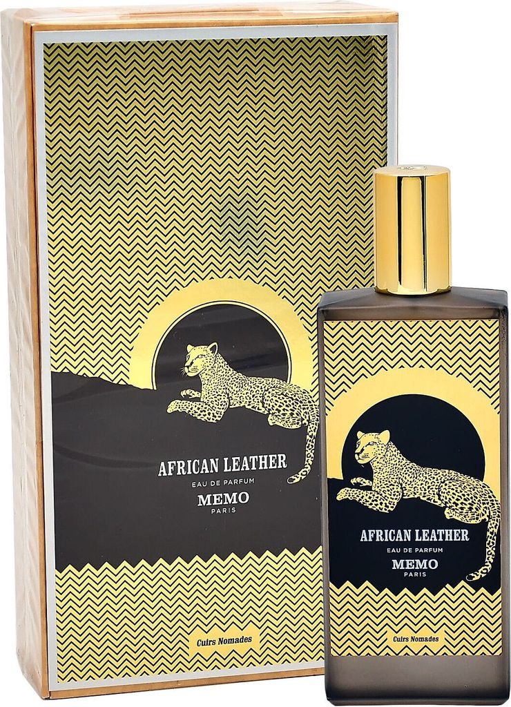 A perfume bottle and its box are displayed side-by-side against a white background. The packaging features a geometric pattern and an illustration of a leopard.