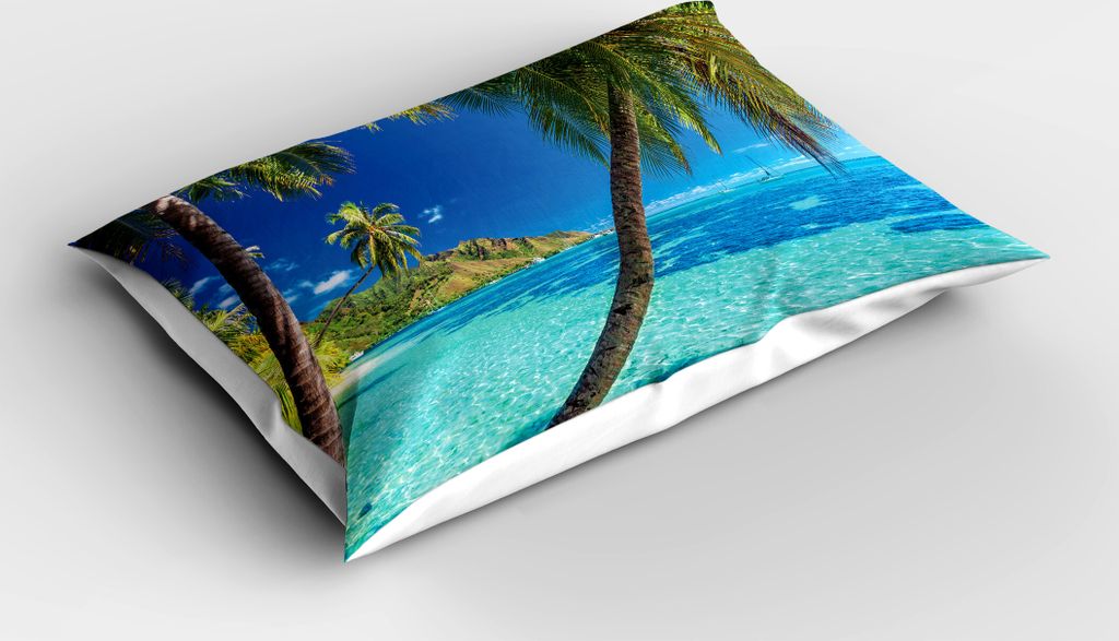 ABAKUHAUS Ozean Kopfkissenbezug, Bild Einer Tropischen Insel Mit Den Palmen Und Dem Klaren Seestrand Thema Druck, 40x80 cm, Türkis Blau
