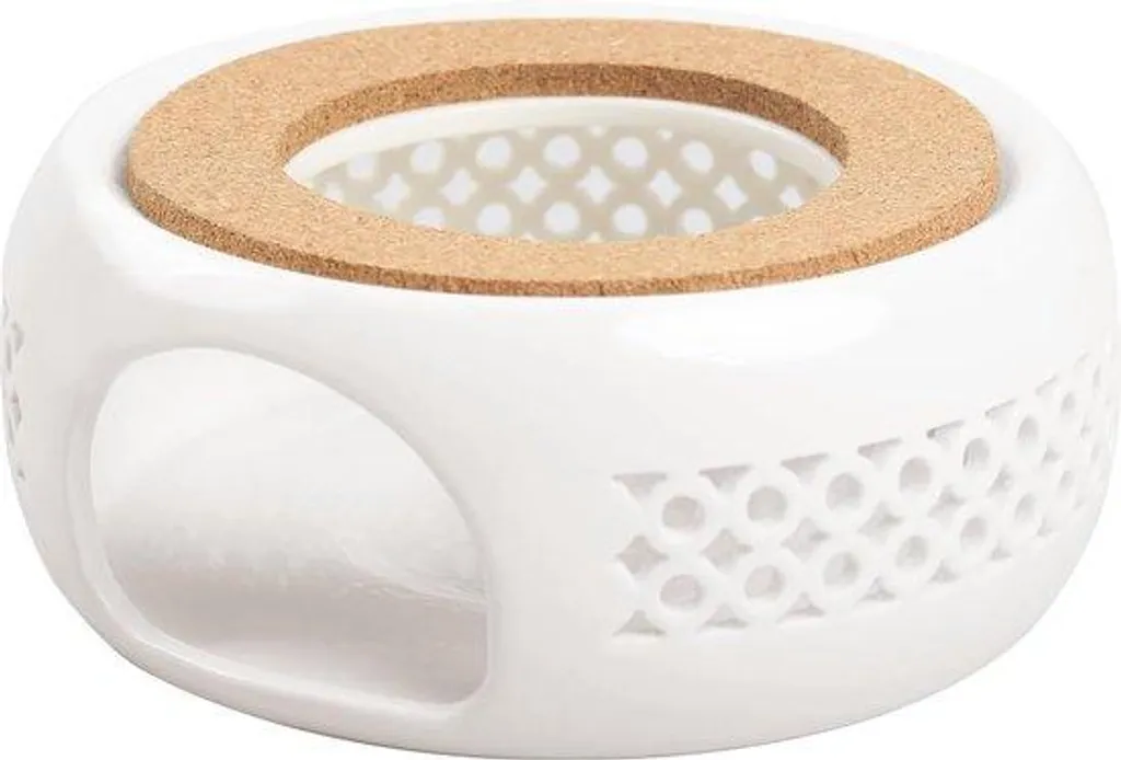 Chauffe-thé en céramique avec socle en liège et bord annelé blanc