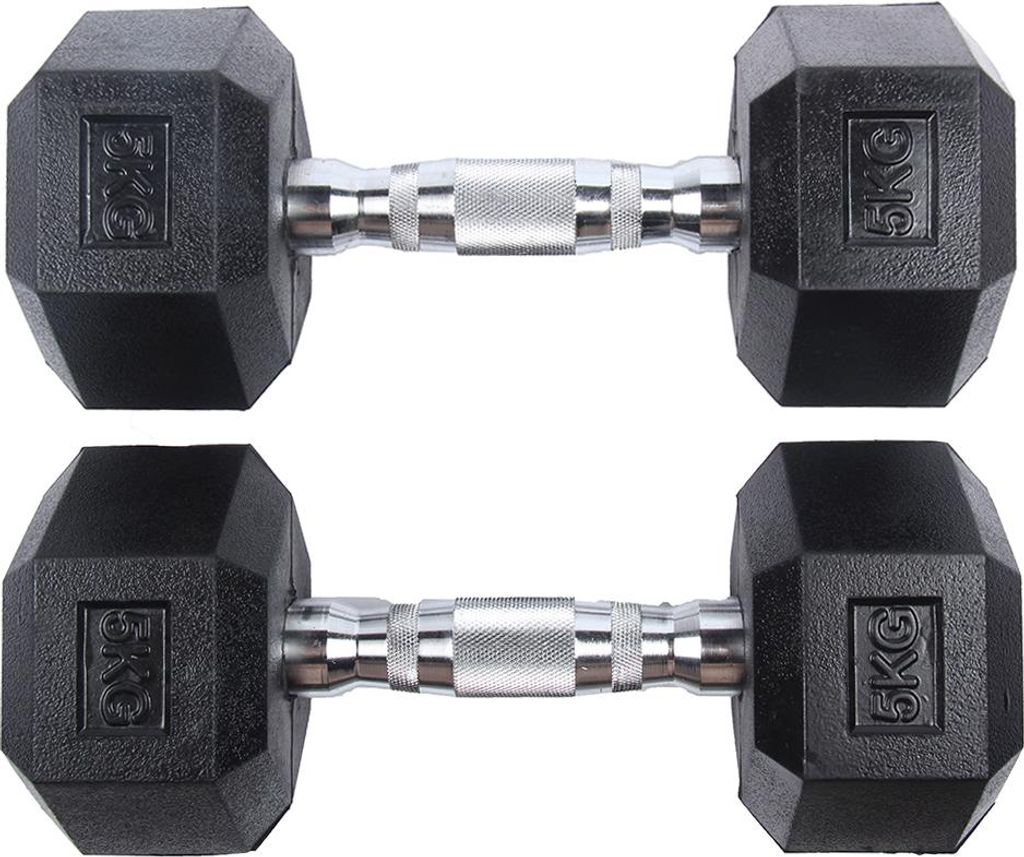 Two 5kg dumbbells are shown side-by-side against a white background.