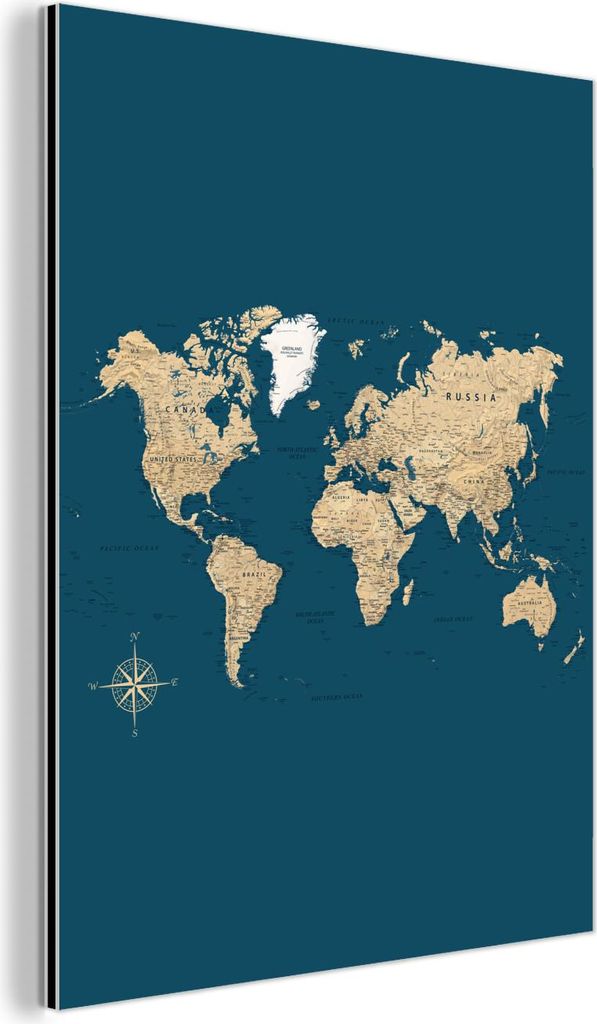 MuchoWow Wanddekoration Metall Metallbild Wandkunst 90x120 cm Weltkarte - Dunkelblau - Beige MuchoWow Aluminium Gemälde - Industrial