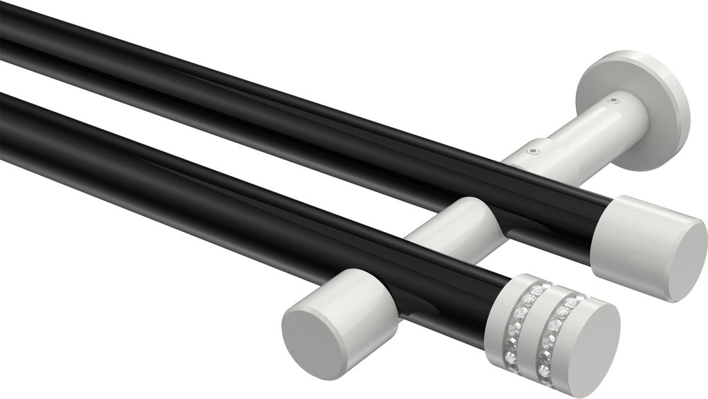 Interdeco Gardinenstange / Vorhangstange Schwarz / Weiß, Typ Prestige Estana (Glitzerkappe) ohne Ringe, 20 mm Ø 2-läufig, 400 cm