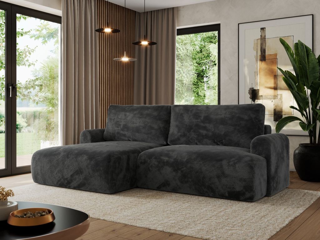 MKS MEBLE L-förmiges Sofa mit Schlaffunktion und Bettkästen, Ecksofa für das Wohnzimmer auf Wellenfedern - TONO - Dunkelgrau Plüsch - Links Seite