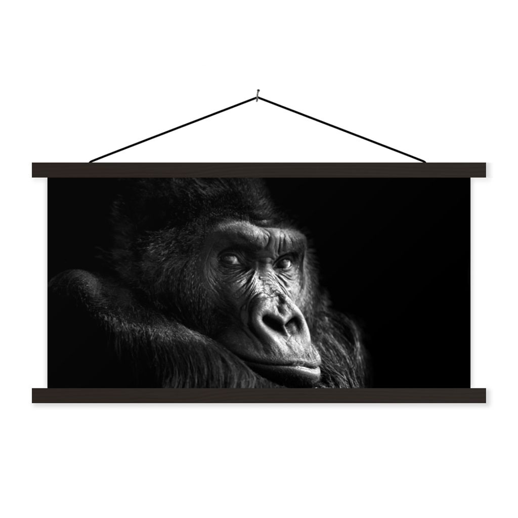 MuchoWow Textilposter Gorilla - Affe - Schwarz - Weiß - Porträt 150x75 cm mit schwarzem Rahmen - Posterleiste