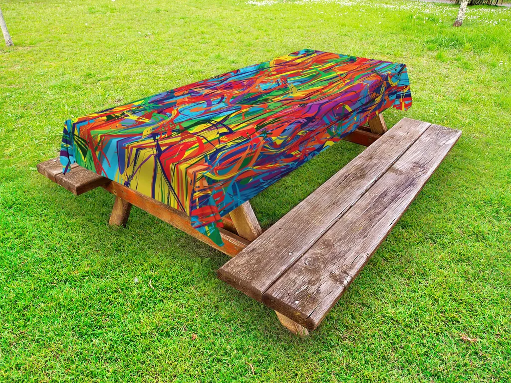 ABAKUHAUS Tovaglia moderna per esterni, contemporanea arcobaleno linee colorate disordinate illustrazione effetto pittura a olio, multicolore, 145x305 cm