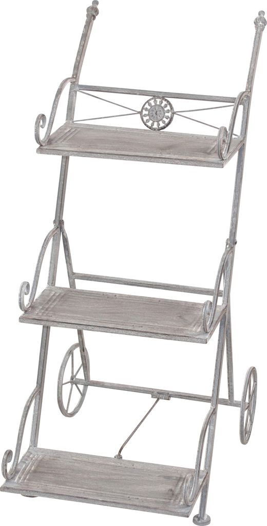 A three-tiered plant stand with wheels, designed to resemble a vintage cart.