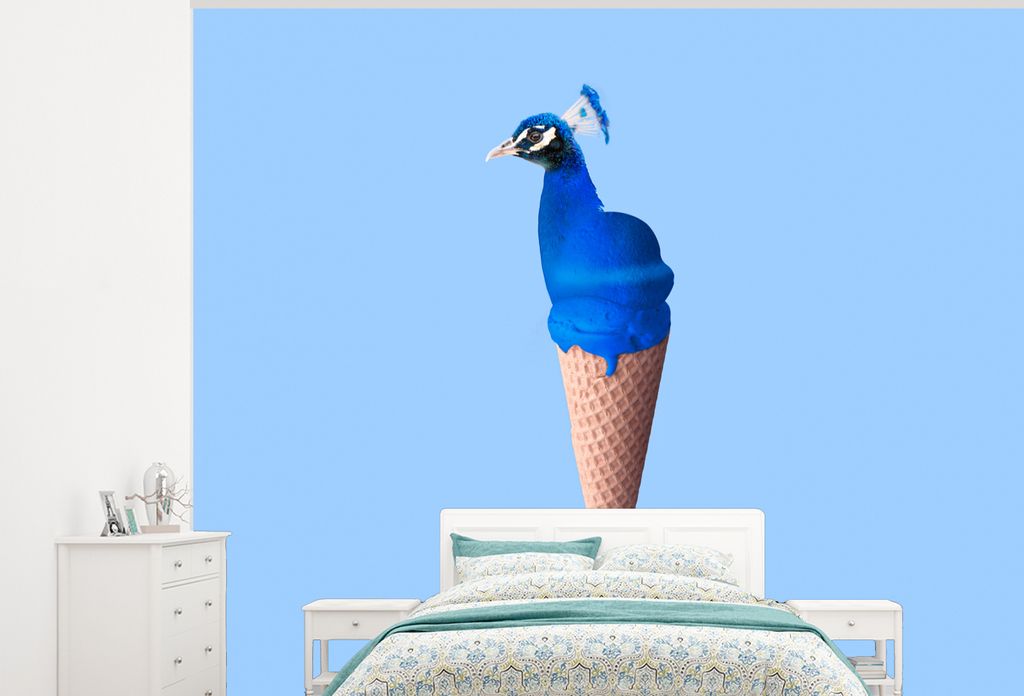 MuchoWow Fototapete für Wohnzimmer oder Schlafzimmer Wandtapete Vinyl Motivtapete Pfau - Eistüten - Eiscreme - Blau - Vogel - 275x220 cm - Gemu...