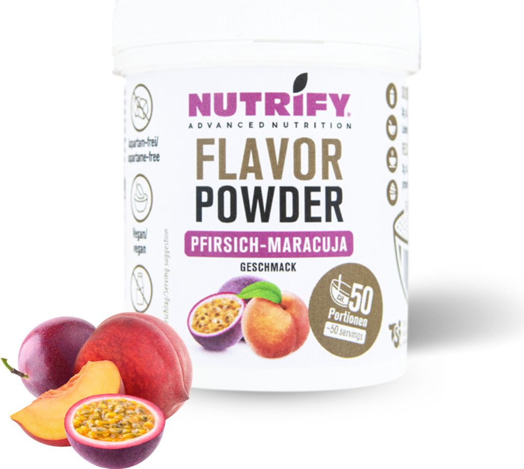 150 g Flavor Powder NUTRIFY Geschmackspulver für mehr Geschmack in Lebensmitteln und Getränken – Pfirsich Maracuja