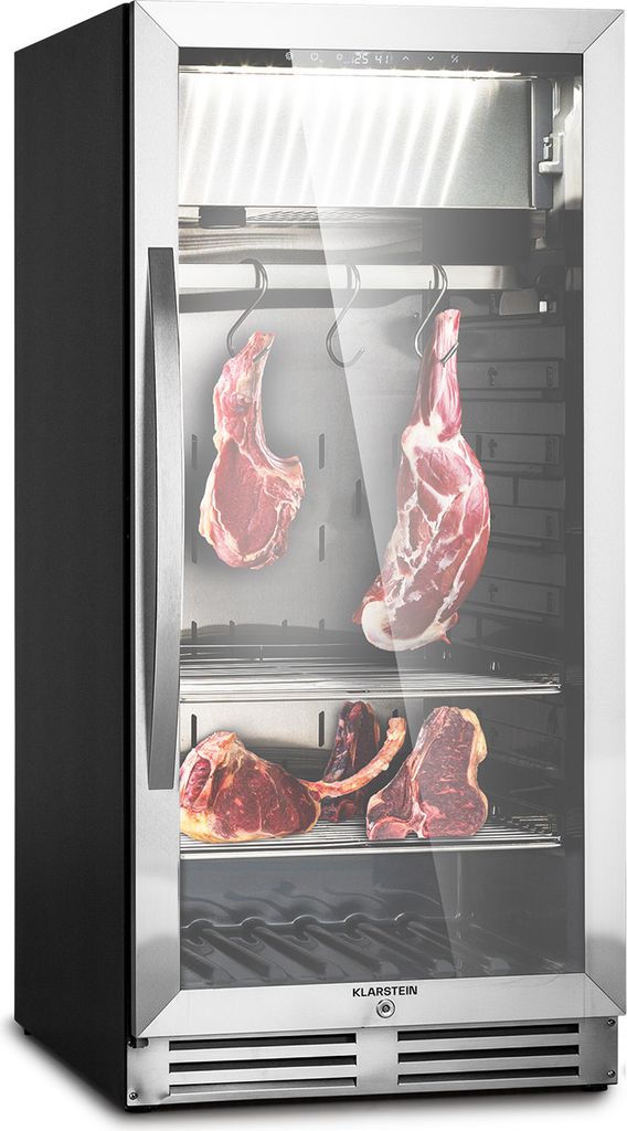 Klarstein Kühlschrank, Reifeschrank Dry-Aged, 1 Zonen Kühlschrank mit Glastür, für In- und Outdoor mit LED-Beleuchtung, Freistehend oder Einbau...