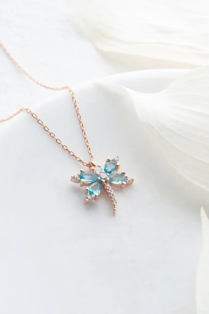 Pendentif libellule femme en argent et oxyde de zirconium aquamarine