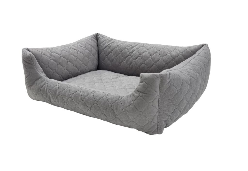 A gray dog bed with raised edges, shown from a side-angle on a white background.