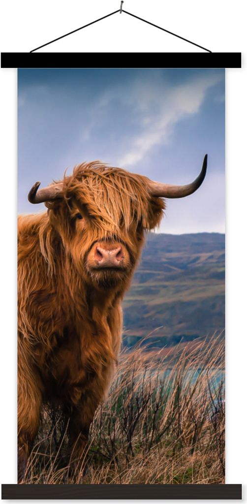MuchoWow Textilposter Schottische Hochlandrind - Himmel - Natur 90x180 cm mit schwarzem Rahmen - Dekoration Wohnzimmer