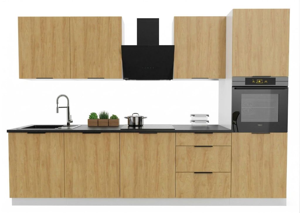 Küchenzeile 300 cm - mit schwarzer Arbeitsplatte - Hicora-Eiche - mit Hängeschränke und Unterschränke - Soft-Close-Funktion - BONO