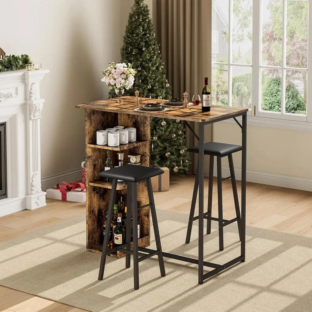 Table haute avec rangement et tabourets en PU vert - Ensemble 3 pcs - 6