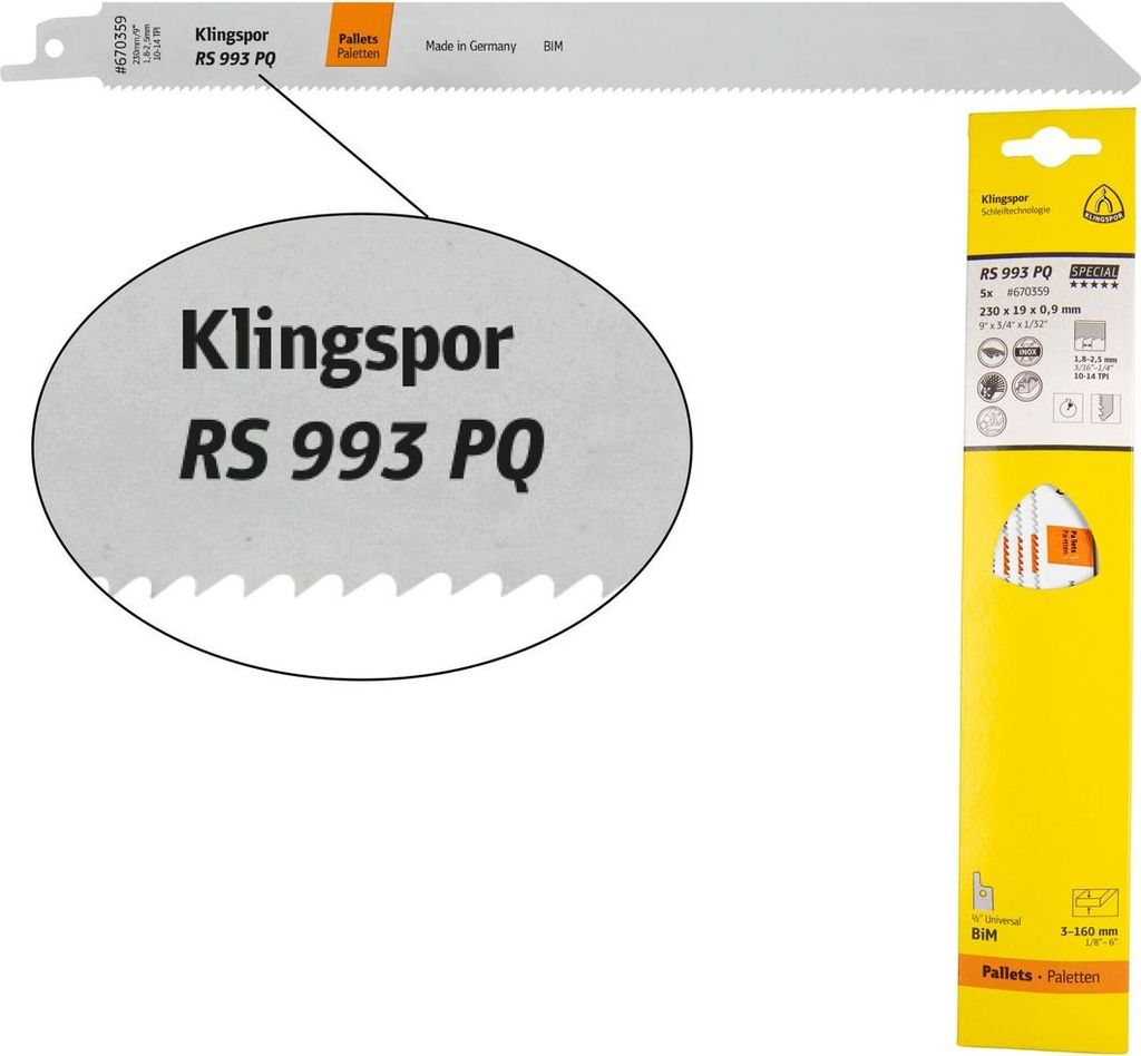 Klingspor RS 993 PQ Säbelsägeblätter, 230 x 19 x 0,9 mm Nutzlänge 210Bi-Metall, gefräst, geschränkt , 10-14 Zähne pro Zoll, SB-verpackt im K...
