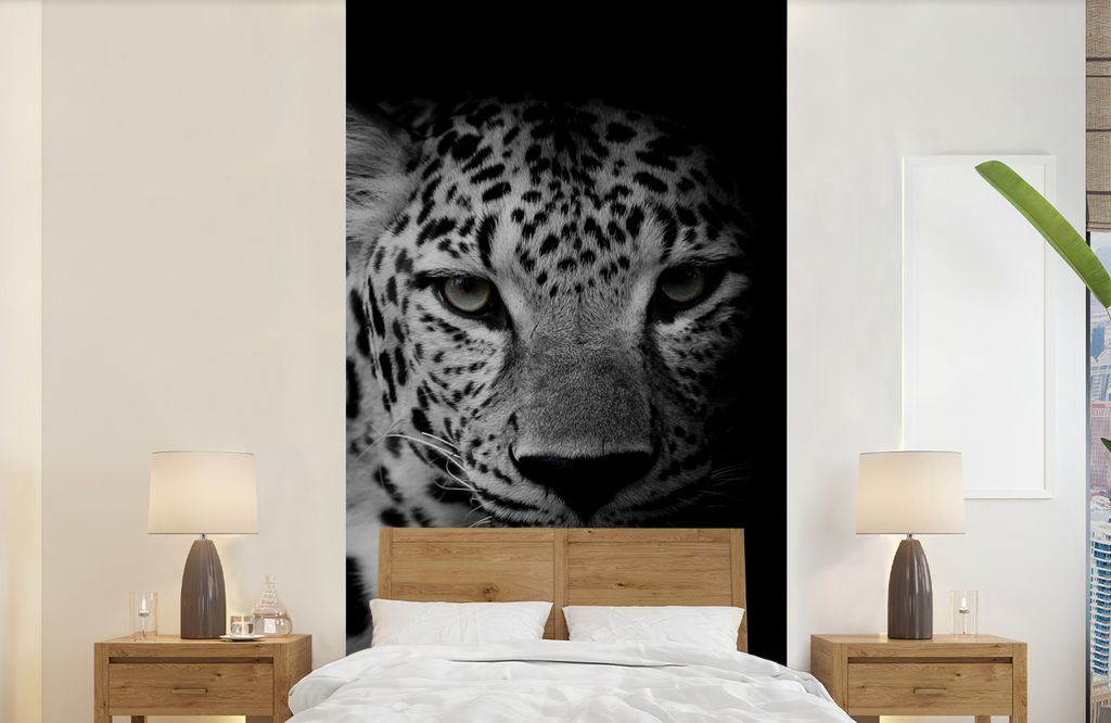 MuchoWow Fototapete für Wohnzimmer oder Schlafzimmer Wandtapete Vinyl Motivtapete Tiere - Schwarz - Weiß - Panther - Porträt - 120x240 cm - Hi...
