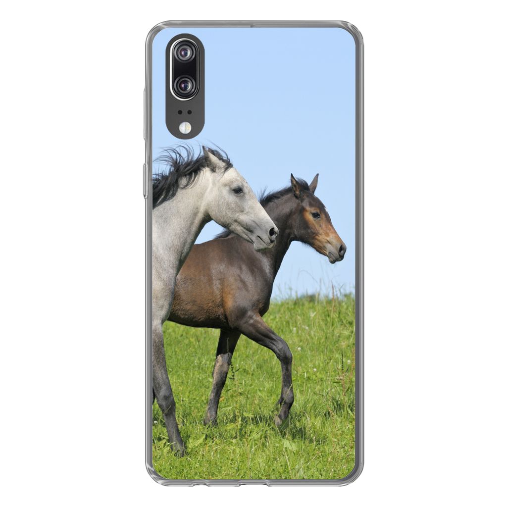 MuchoWow Handyhülle Schutzhülle Hülle für Huawei P20 Pferde - Tiere - Gras Silikon Softcase Handy Hülle - Hardcover