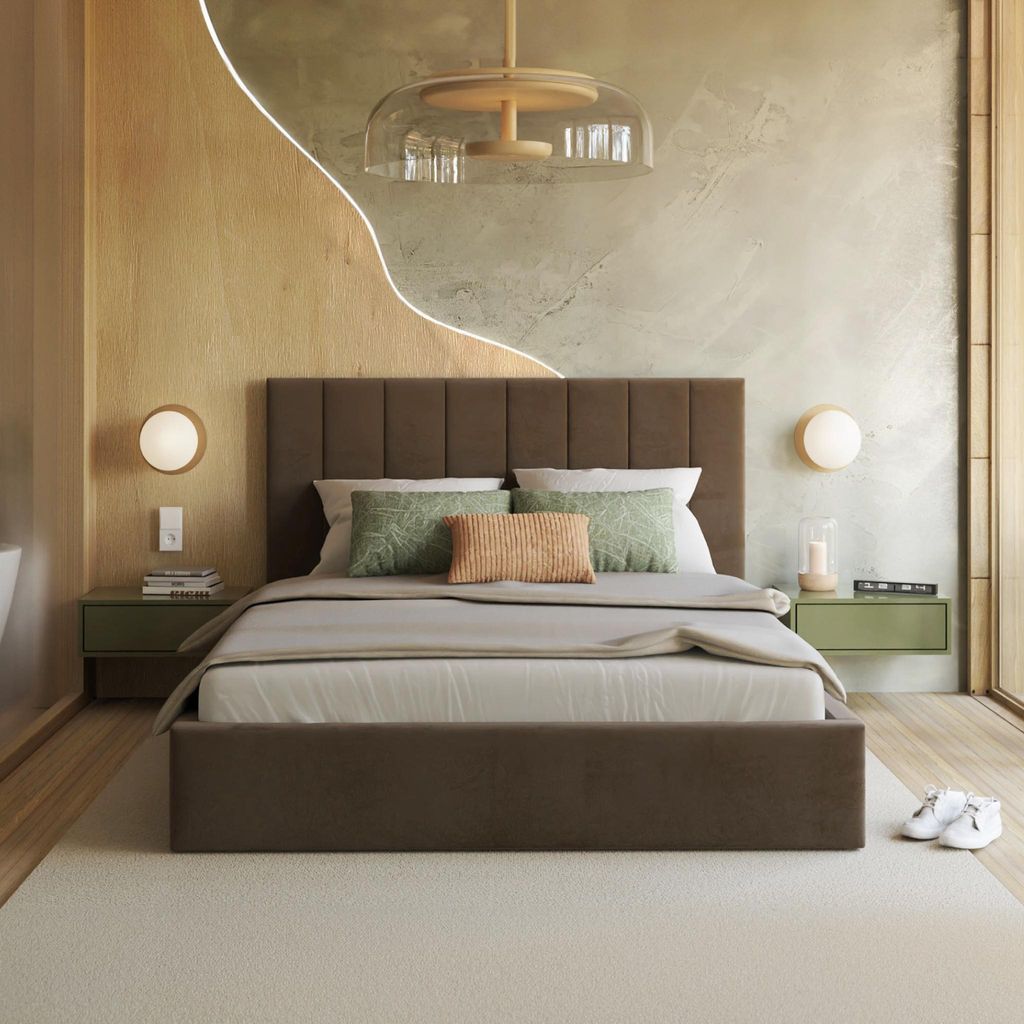 FDM Bett Kaja Trinity 120x200 cm Polsterbett mit Lattenrost aus Metall Bettkasten Stauraumbett Samt braun