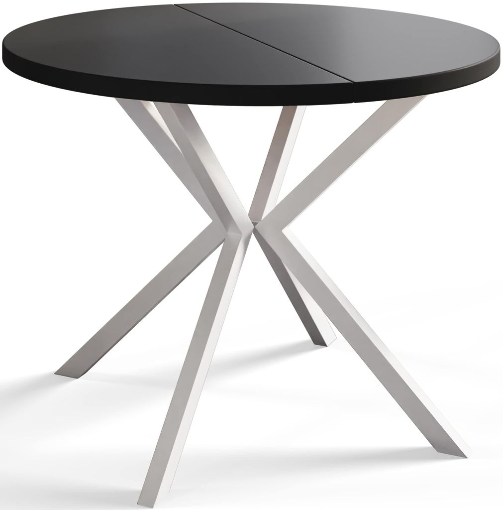 Alpi Moebel, Runder Esstisch Loft Liten, Modern Ausziehbarer Tisch 90-170 cm, Schwarz mit Weiß Metallbeinen