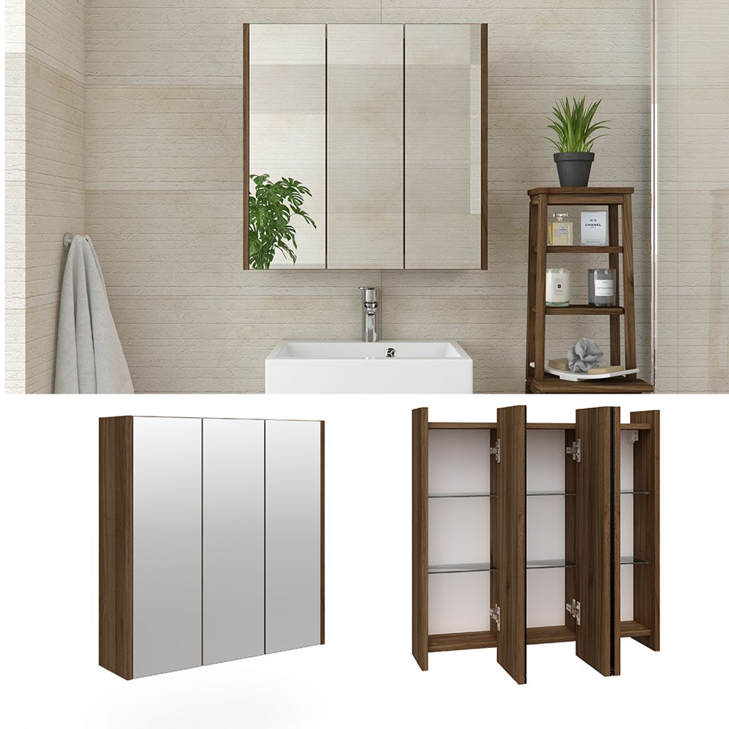 Posseik Spiegelschrank Anthrazit - 90cm Breit Mit LED Beleuchtung & 6 Glasböden