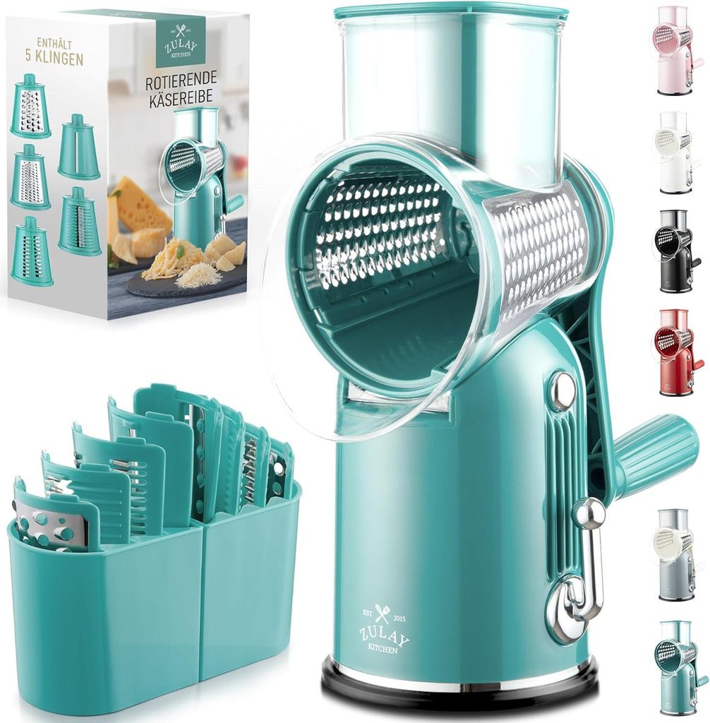 5-in-1 Käsereibe mit Kurbel Edelstahl Gemüsereibe mit Saugfuß, Trommelreibe für Käse Gemüse Nüsse, Parmesanreibe, spülmaschinengeeignet Kü...