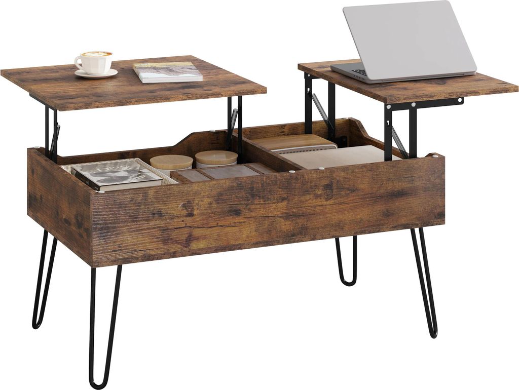 Couchtisch - Hebeplatte & ausziehbar - Doppelte Hebeplatte, höhenverstellbar, versteckter Stauraum, Kiefernholz, 115 x 60 x 75 cm - Weinrot