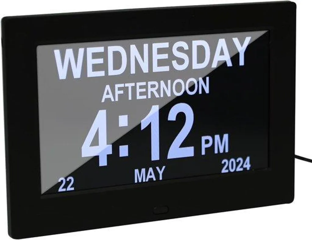 Réveil numérique LCD 7 pouces Alzheimer avec affichage date et heure noir