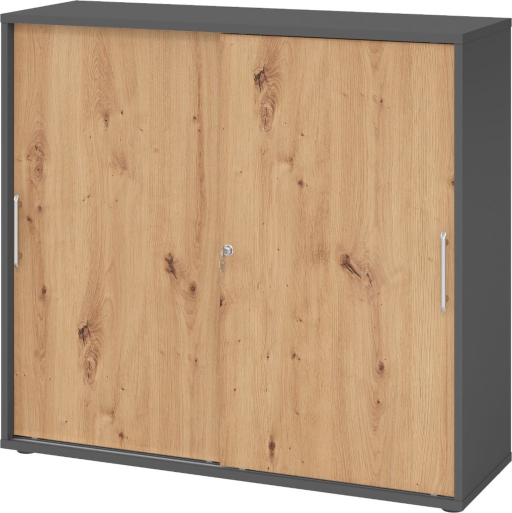 bümö Schiebetürenschrank office - 3 Ordnerhöhen - Griff: Relinggriff (Kunststoff), Nachbildung: Graphit/Asteiche