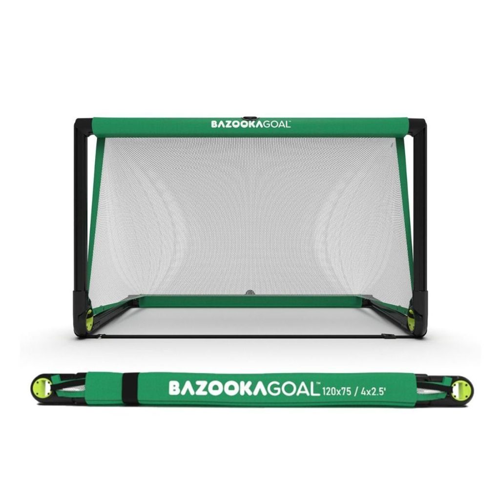 A green and black Bazooka soccer goal is shown in its upright and folded positions against a white background.