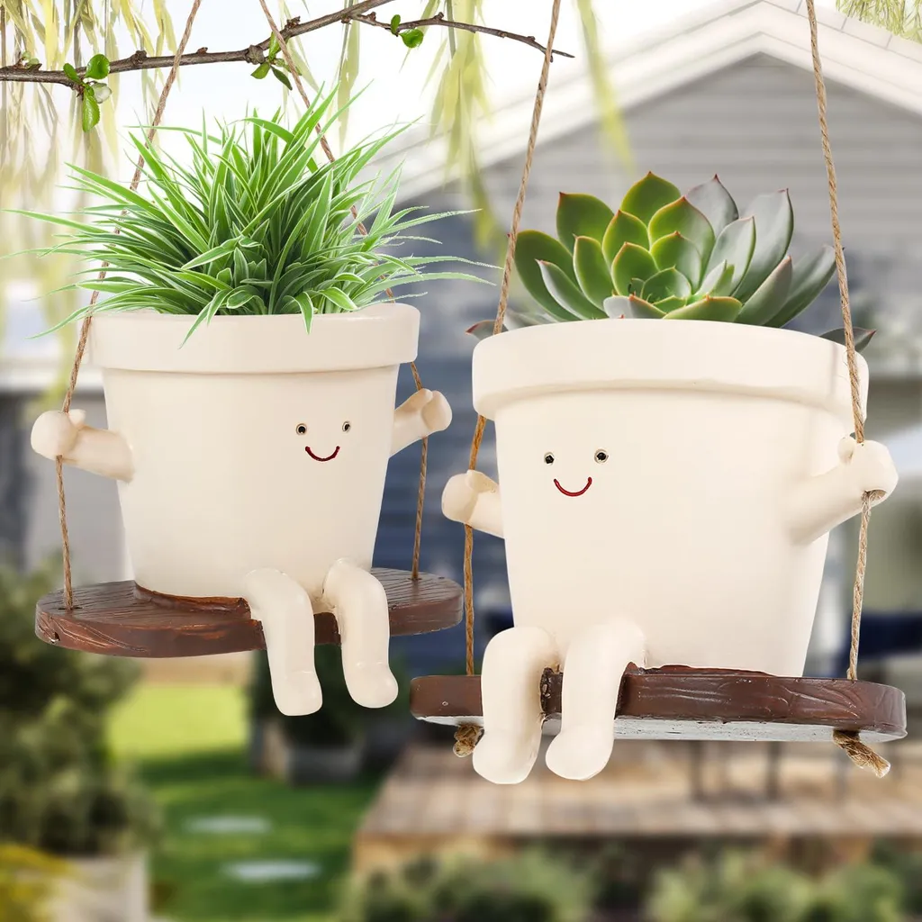 Pots de fleurs suspendus avec visage souriant : lot de 2 en résine incassable