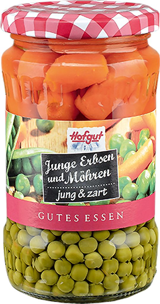 A glass jar filled with peas and carrots, with a checkered lid.